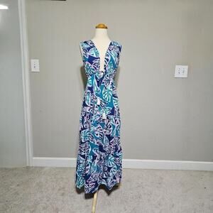 Blue Island Tropical Leaf Print V-Neck Maxi Dress - Small - Blue/Pink/Teal Boho